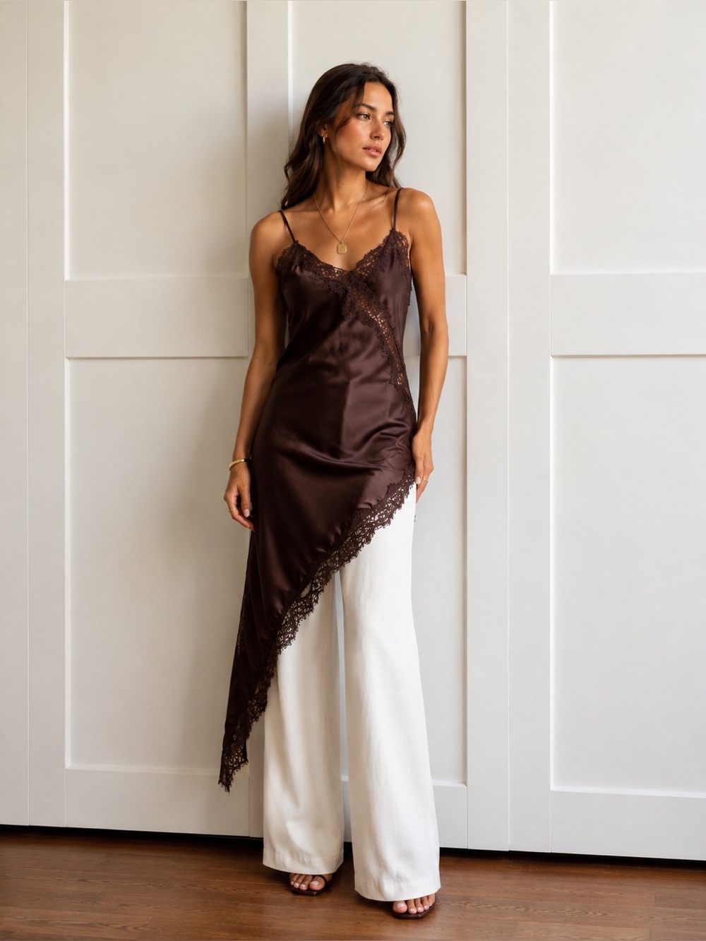 ZARA Satin Effect Chocolate Brown Lace Trim Asymmetric Slip Dress NWT